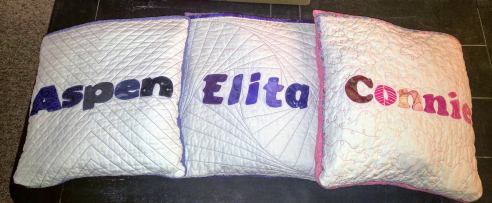 quillow, quilt pillow, applique names on quilt